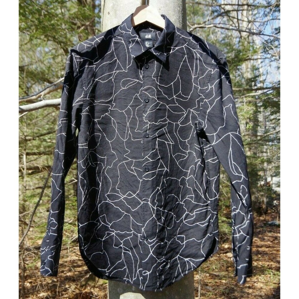 Men's S H&M Abstract Line Scribble Print 100% Lyocell Black Long-sleeved Shirt